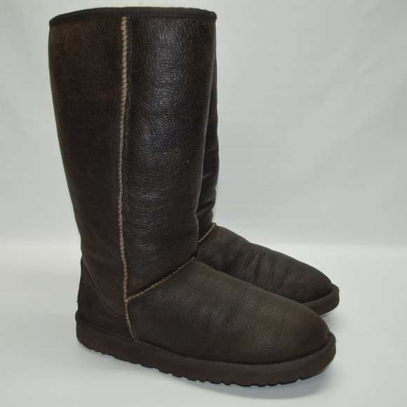 UGG Classic Tall Bomber Brown Leather Fur Lined - Picture 4 of 13